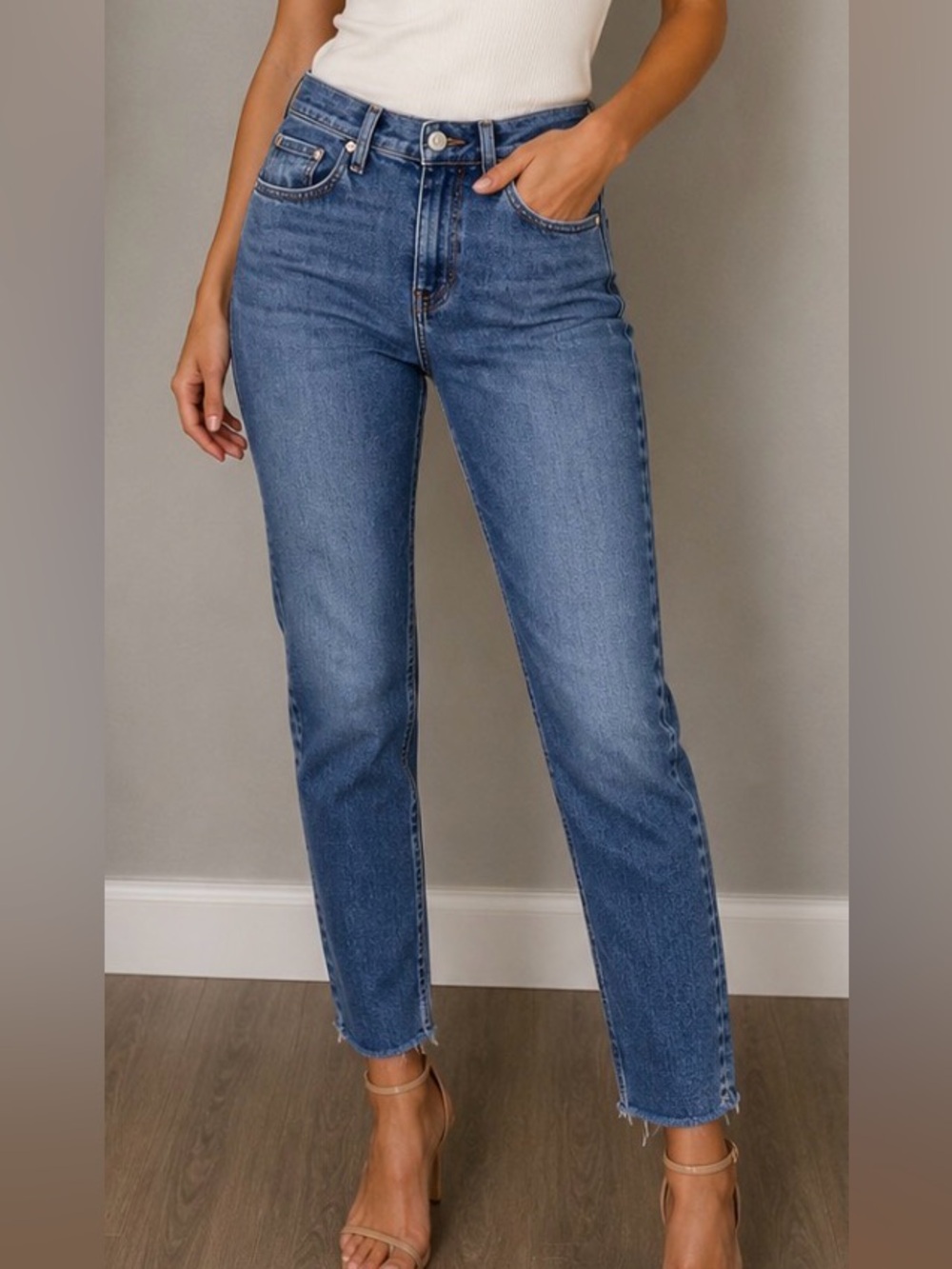 Rag & Bone Jeans Palmer Cate Mid Rise Ankle Women Blue Raw Fray Hem Normcore